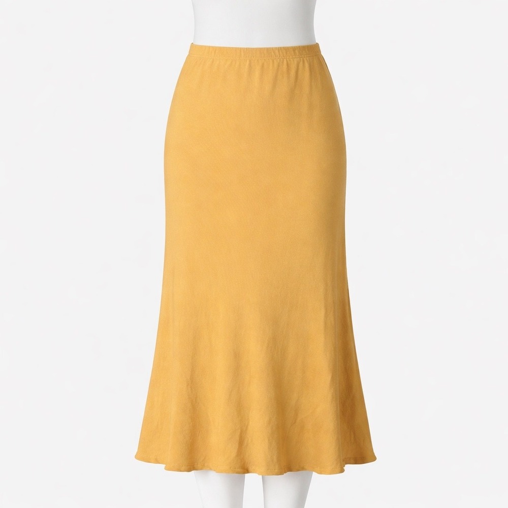 CIDER Skirt Small Mustard Yellow Ribbed‎ Knit Midi Mermaid Lettuce Hem Colorful